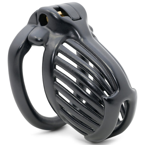 Black 3D printed Athena chastity kit with a barrel lock system and smoothed bars down the tube.