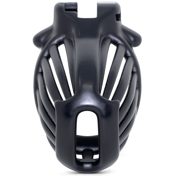 Front of the black Athena cage with a barrel lock system, thin bars with spaces between them down the sides of the cage and a wide bordered opening.