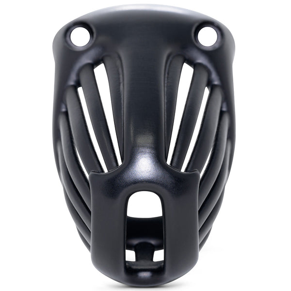 Front of the black Athena cage with a hexlock system, thin bars with spaces between them down the sides of the cage and a wide bordered opening.