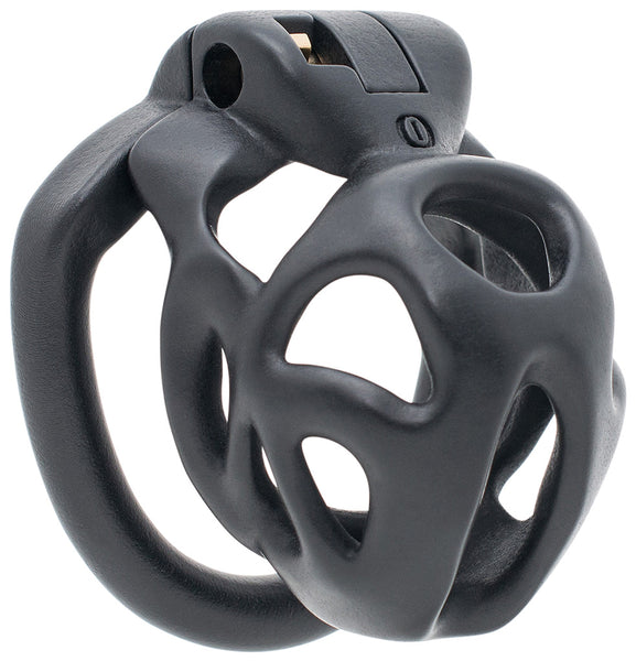 A black barrel lock 3D-printed Hera chastity kit in XS size made using MJF technology, featuring a vapour smoothed surface and ergonomic design. The Olympus collection logo and the blade of a brass lock are visible at the top of the cage.