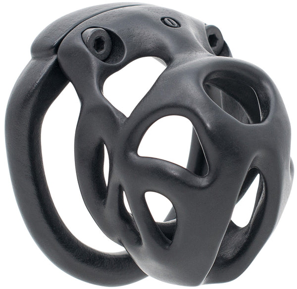 An XS size black nylon Hera chastity device with an organic design, created using advanced MJF 3D printing and post processed with vapour smoothing technology. The cage is locked together with the ring using two black stainless steel hexlock bolts on either side of the Olympus collection logo.