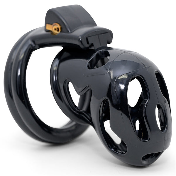 Angled view of the black HoD226. The head of the cage angles downwards and it has multiple air holes around the design.