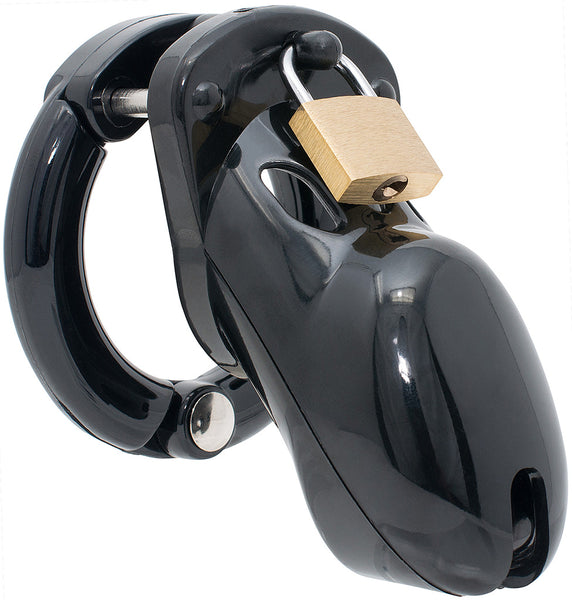Assembled black HoD300 male chastity cage kit with the supplied brass padlock attached to the black plastic central guide pin.