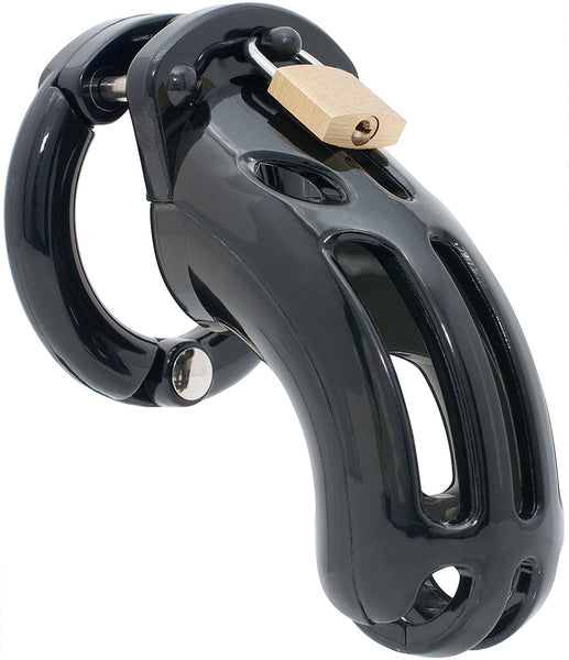 Black HoD600L male chastity device with a brass padlock locked onto the front of the cage.