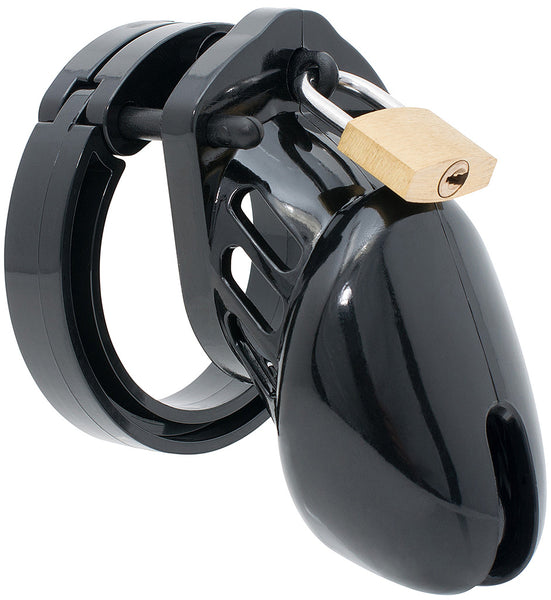 Small size black HoD600S plastic male chastity device with the supplied brass padlock already locked onto the front of the cage using the central guide pin.