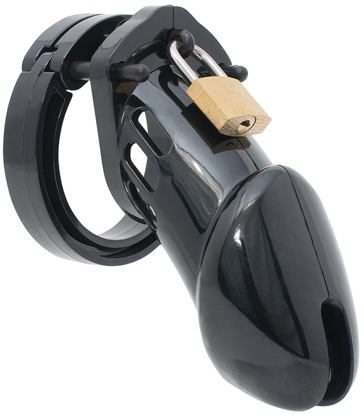 Black HoD600 chastity device with a brass padlock locked onto the front of the cage through the black plastic central guide pin.