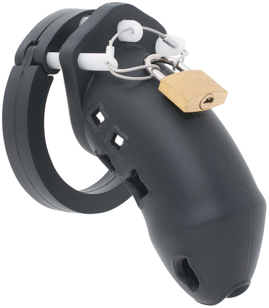 Black HoD602 silicone chastity cage with a brass padlock attached to a metal locking wire, which is looped through the front of 3 white guide pins.