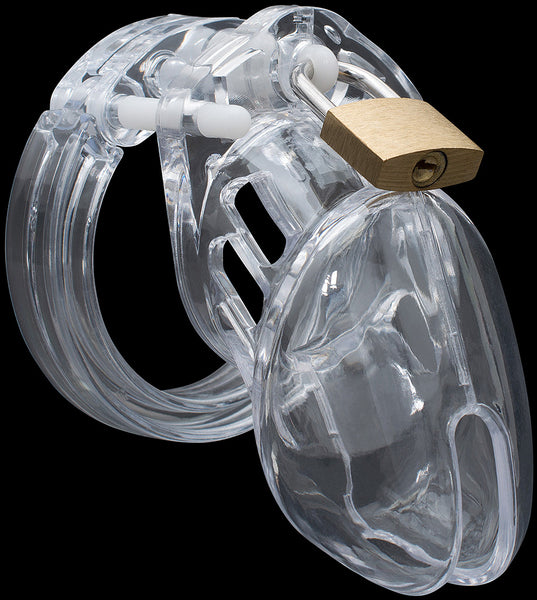 A plastic clear HoD600S small male chastity device with a wide urination hole opening at the bottom of the cage, a white plastic side pin separating the cage and back ring, and a brass padlock locked to a central guide pin at the top of the cage. The kit is against a black background.