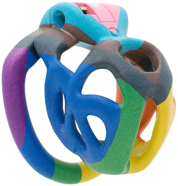 Pride edition Hera chastity kit in XS size with a barrel lock system. The whole device is multi-coloured and the organic design is covered in air holes in different shapes.