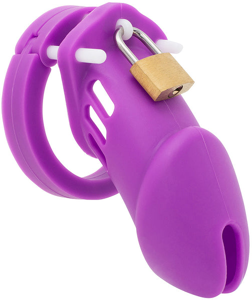 Purple coloured HoD600 male chastity device made of premium body safe silicone with a brass padlock locked onto a white plastic pin at the top.