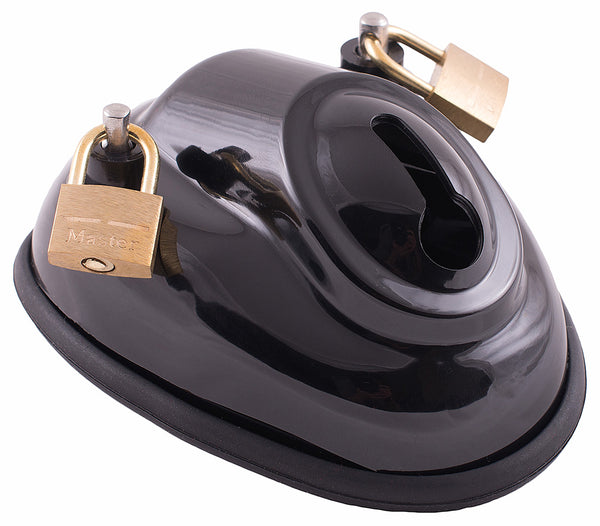 Black plastic cock cup V1 chastity device with two brass locks attached either side of the device to visible metal pins. The base of the cage section has a rubber ring that goes around the rim and an opening on the front to allow for urination.