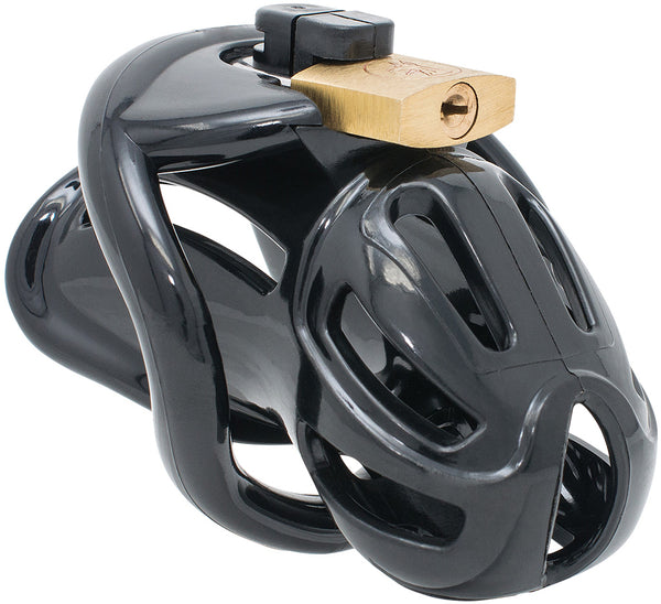 Black small HoD370S cage with a brass padlock on the top holding the attached back ring in place.