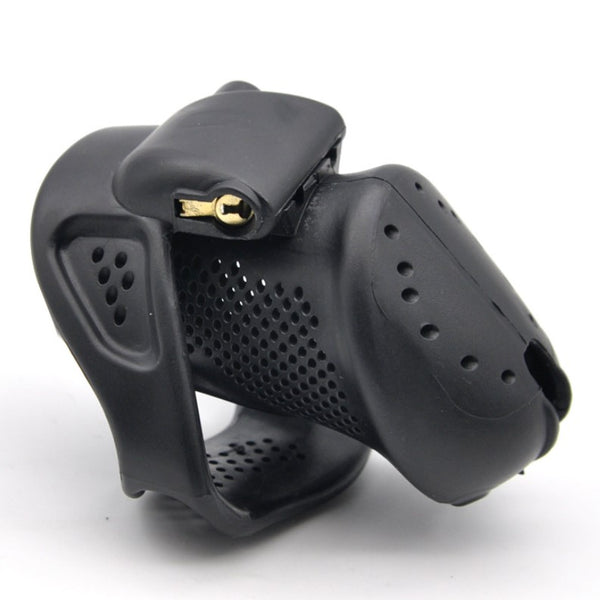 Small size black HoD373 chastity device with the brass barrel lock inserted.