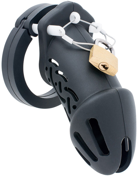 Black standard size HoD601 silicone chastity cage with a brass padlock locked to a metal wire, which is looped through 3 white guide pins.