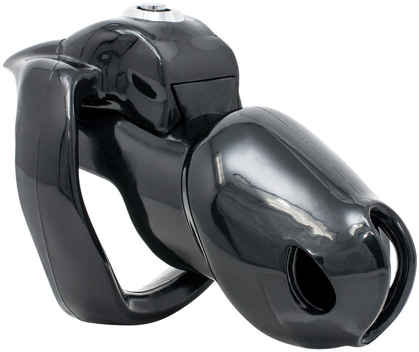 A standard size black resin House Trainer V5 chastity device kit with a cage and ring attached together using the silver pop up lock on top of the back ring. The cage has a large air hole on the side and a curved pee hole on the front.