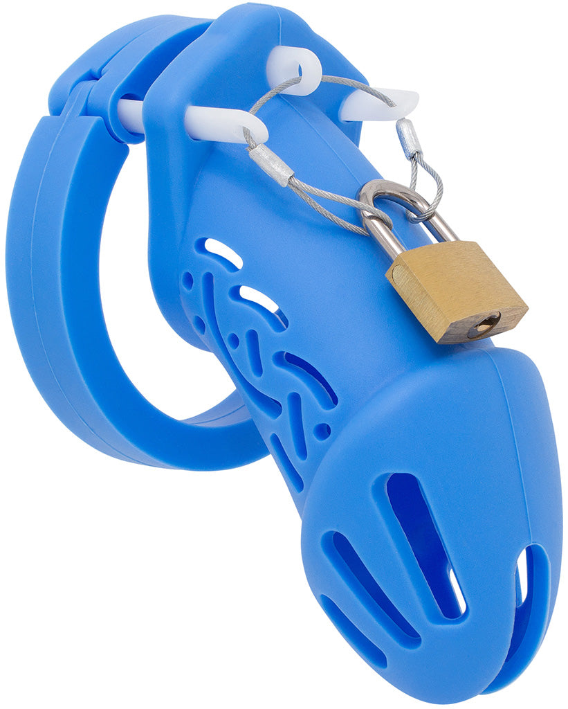 Blue HoD601 silicone chastity cage with a padlock.