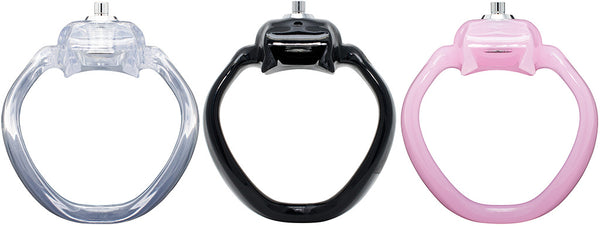Clear, Black and Pink House Trainer V5 chastity cage rings.