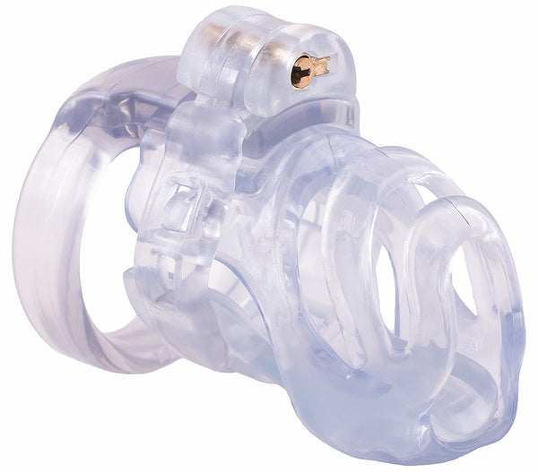 Small size clear PC1 male chastity device with a brass lock between the top of the ring pieces holding them together.