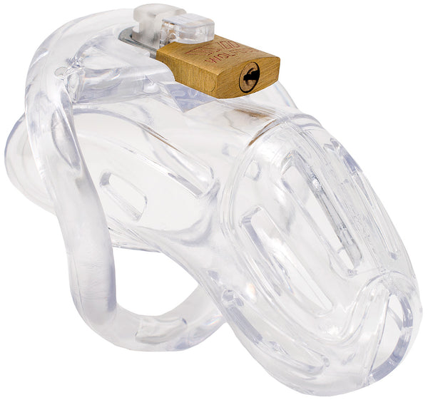 Standard size clear plastic HoD370 male chastity cage with a brass padlock locked at the top of the cage and ring. There are thin air vent openings down the head and side of the cage.