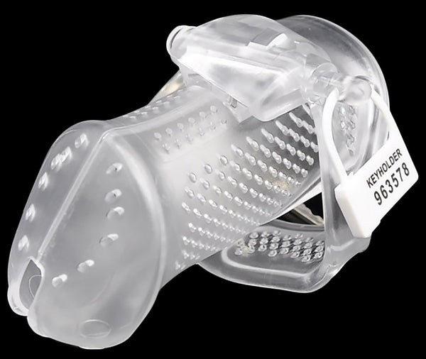 Standard size clear HoD373 male chastity device made of plastic with a white plastic lock attached to a clear lock pin. The lock says keyholder and has numbers printed on it in black text.