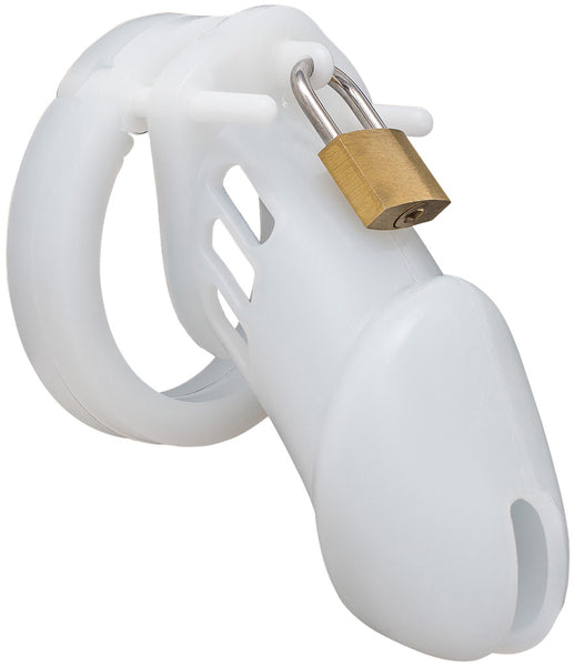 A standard size clear HoD600 silicone male chastity device showing two plastic side pins and a brass padlock attached to a central guide pin at the top of the cage.
