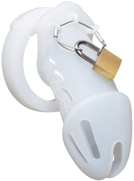 Clear HoD601 silicone chastity cage with a brass padlock attached to a metal wire that's slotted through 3 white plastic guide pins. The cage has a number of straight and curved air vents down the side of it.