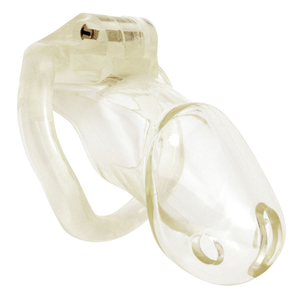 Standard clear Holy Trainer V2 chastity device with a slightly curved back ring and an internal brass lock.