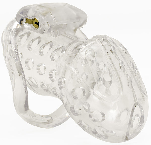 Standard size clear plastic HoD398 male chastity device covered in small air holes and a brass lock inserted at the top of the cage into the lock hole.