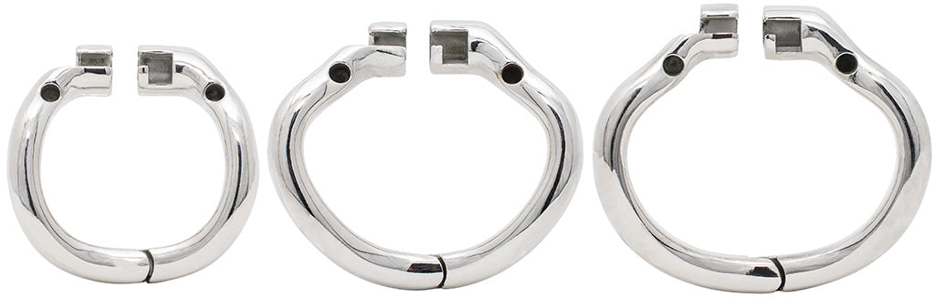 Range of stainless steel hinged chastity device back rings.