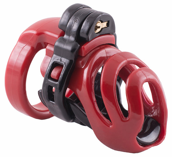 Small red plastic PC1 male chastity device with side arms locked together using an internal brass lock.