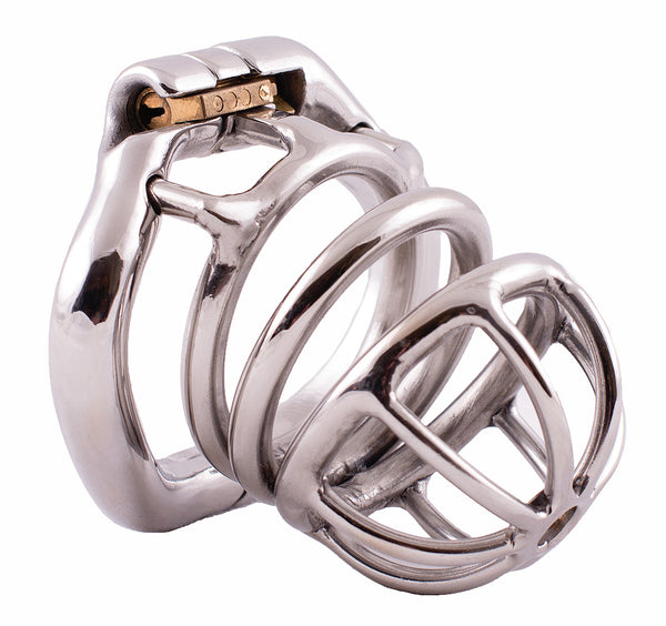 Standard size S100 male chastity device made of stainless steel. The cage has a central circular ring welded to a rear ring and a front section that's made up of multiple curved bars going down to a small pee hole. The cage is attached to a curved hinged back ring with a brass lock through the top.