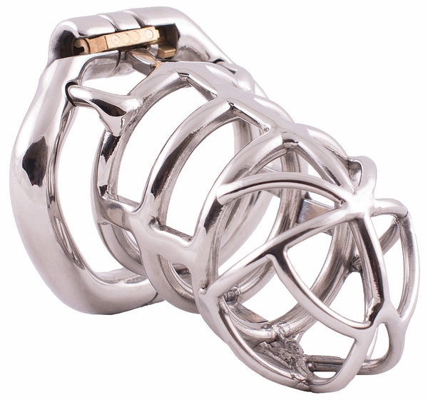 Silver coloured metal HoD S106 male chastity device made up of a long open bar structured cage and a hinged back ring.