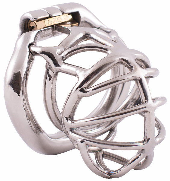 Stainless steel HoD S107 chastity device kit made up of numerous metal bars and a hinged back ring. A secure brass lock is held in place between the cage and ring.