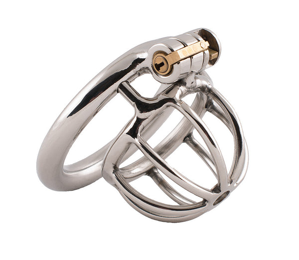 HoD S75 ultra small male chastity device made of polished stainless steel with an open bar design, circular back ring and secured with a brass lock at the top.