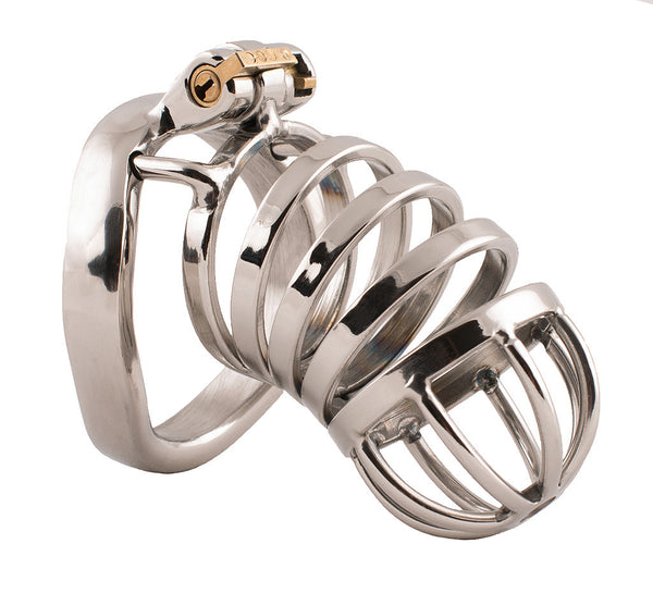 Standard size HoD S77 male chastity device madeof stainless steel. The cage is made up of multiple rings welded together with a dome shaped head. The kit is held together with a discreet internal brass lock.