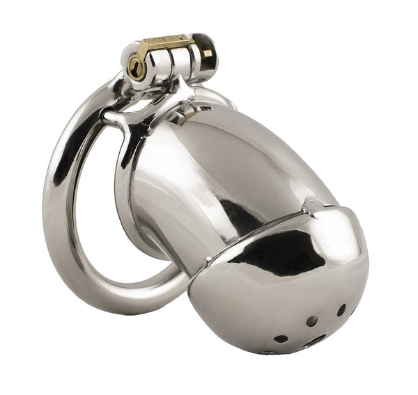 A solid metal tube shaped HoD S79 male chastity device in standard size with a dome head and air holes around the pee hole to increase ventilation. The cage is attached to a circular back ring and secured with a discreet brass lock at the top.