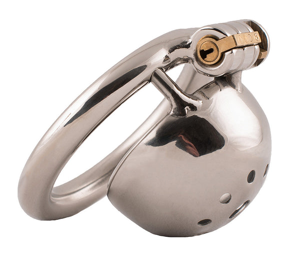 Ultra small size steel HoD S83 chastity device. The cage has a solid dome head with numerous air holes in a circular pattern around a wider pee hole.