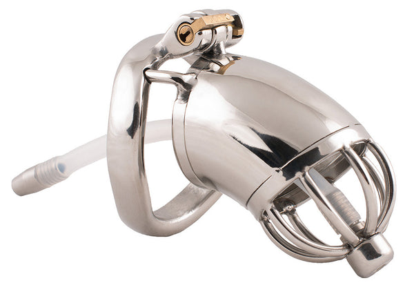Smooth polished metal S89 male chastity device with a clear plastic urethral tube screwed into a circular nut on the front of the cage.