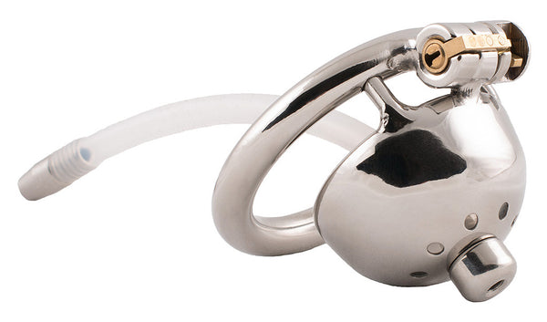 Ultra small size stainless steel HoD S93 male chastity device with a plastic urethral tube attached to it. The tube has a metal tip and the cage has air holes in a circular pattern around a polished metal nut.