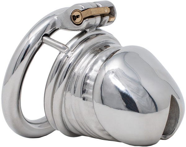 Penis shaped small size JTS S216 chastity device with a circular ring. Made of polished stainless steel with ridges behind the smooth head of the cage.