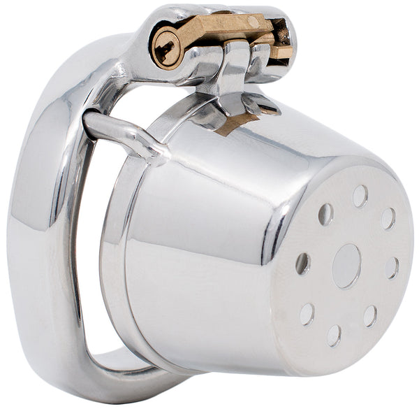 Steel JTS S217 small male chastity device with a curved ring