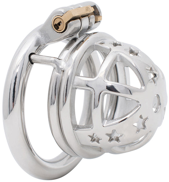 Shiny silver coloured metal JTS S221 small cage with circular back ring. The cage has stars cut out along the bars that run down the top and sides.