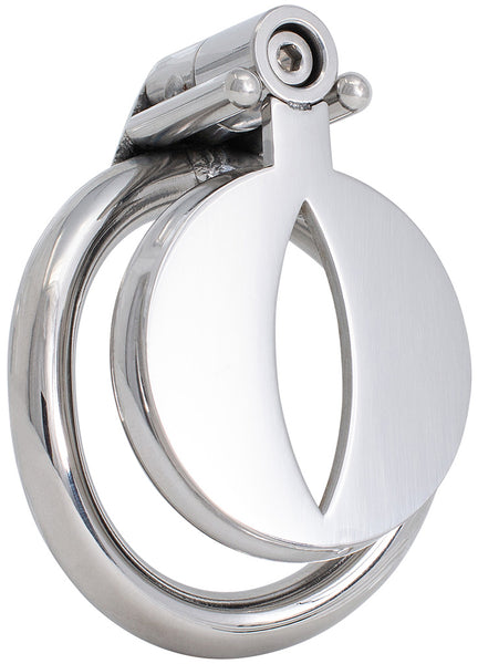 JTS S233 flat stainless steel chastity cage with circular back ring and screw lock.