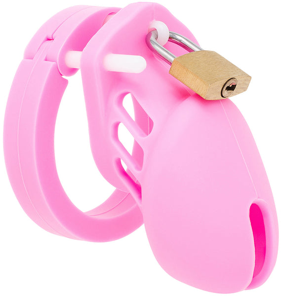 Pink HoD600S small size silicone chastity device with a brass padlock locked through a hole in a white plastic pin at the top of the kit. The cage has three cylindrical air holes down the side.