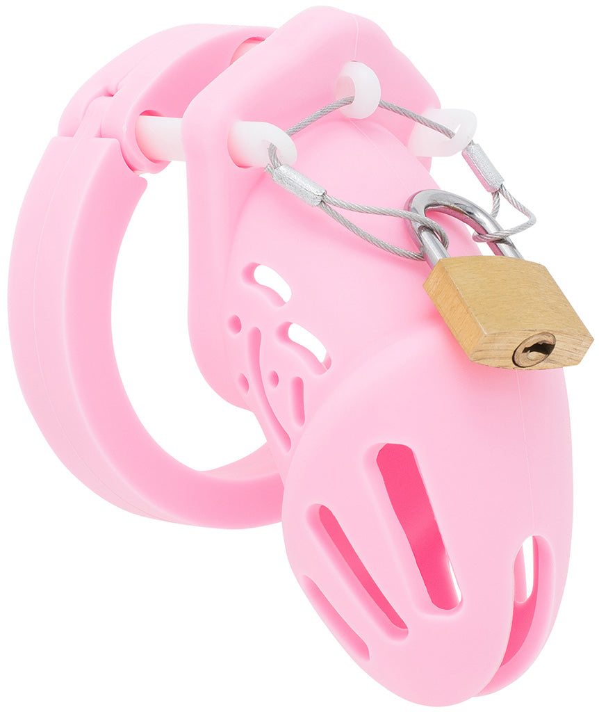 Pink HoD601S small silicone chastity cage with a padlock.