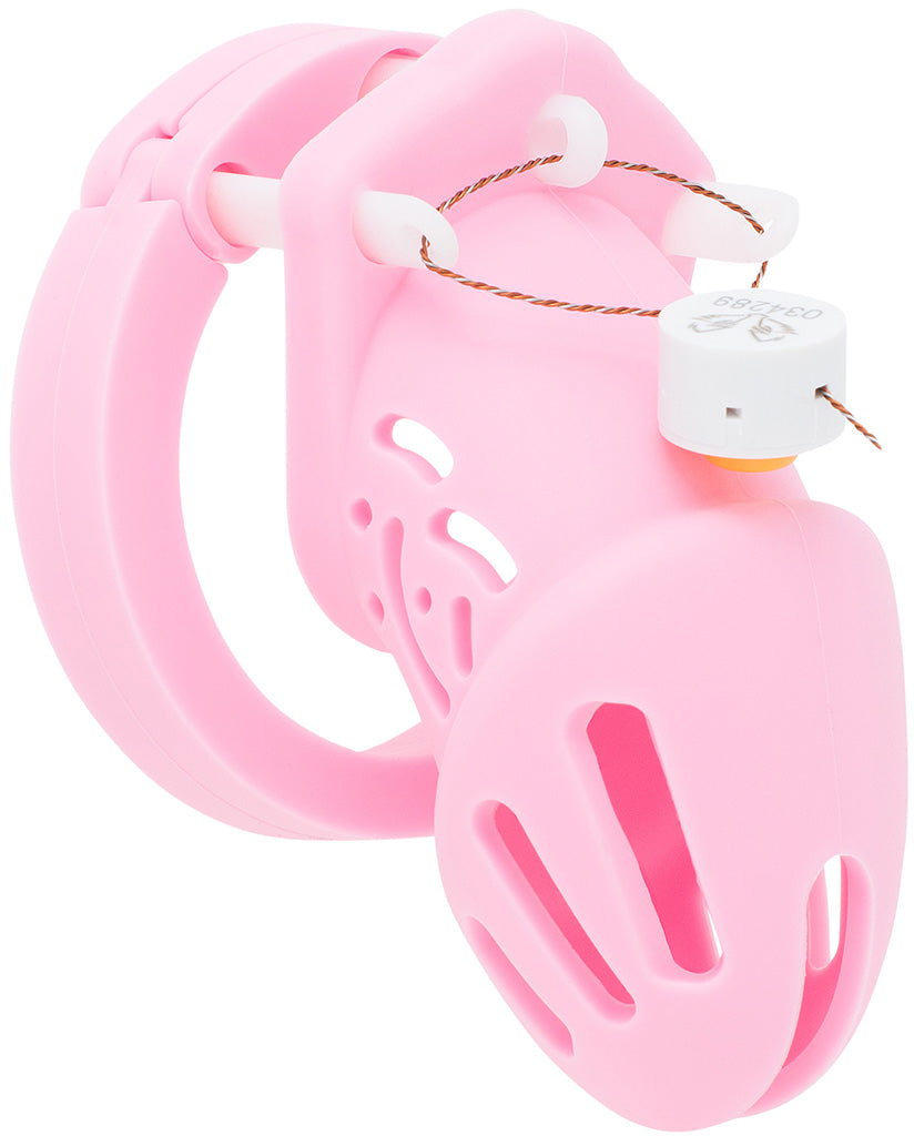 Pink HoD601S small silicone chastity cage with a one time use numbered zipper lock.