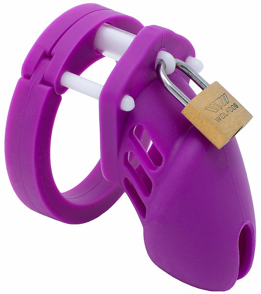 Small purple HoD600S silicone male chastity device and back ring with white side pins and a brass padlock locked at the top.