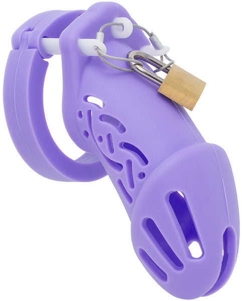 Purple HoD601 silicone chastity cage with a padlock.