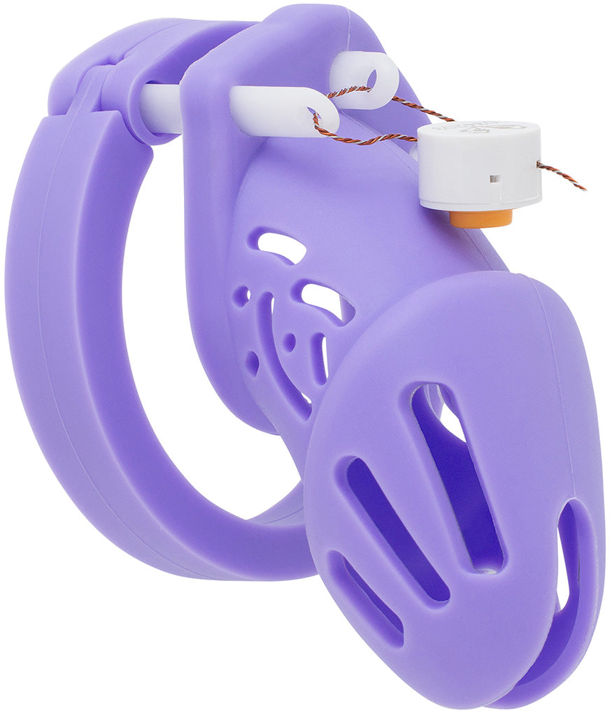 Purple HoD601S silicone chastity cage with a one time use numbered zipper lock.