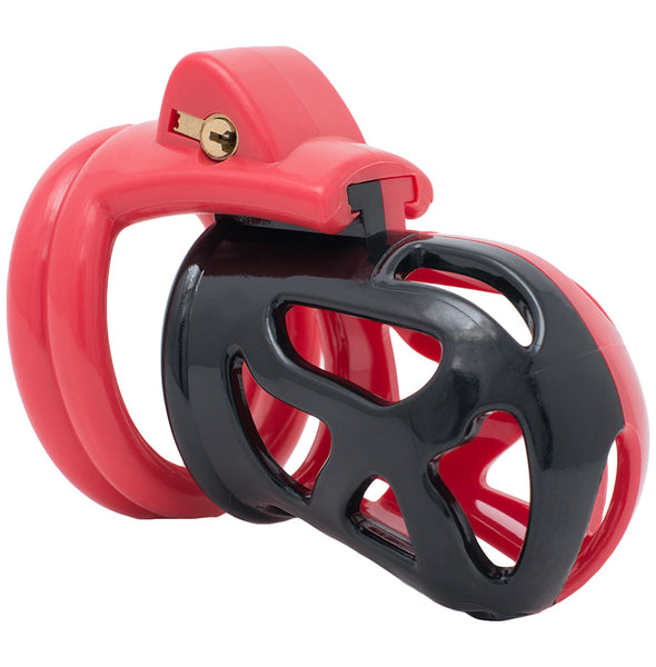 Red and black HoD228 plastic chastity cage with a wider rounded head and a double back ring.